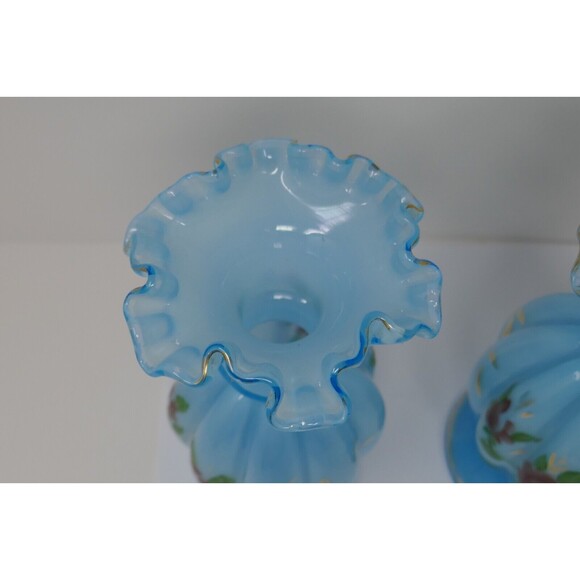 Fenton Melon Hand Painted Floral Blue Glass Vases Gold Trim - Picture 9 of 13